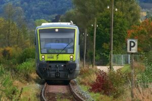 Treno che attraversa paesaggi autunnali con alberi dai colori vivaci del foliage canadese.