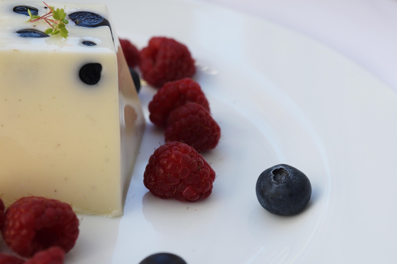 Panna cotta perfetta che trema, decorata con frutti di bosco su piatto bianco.